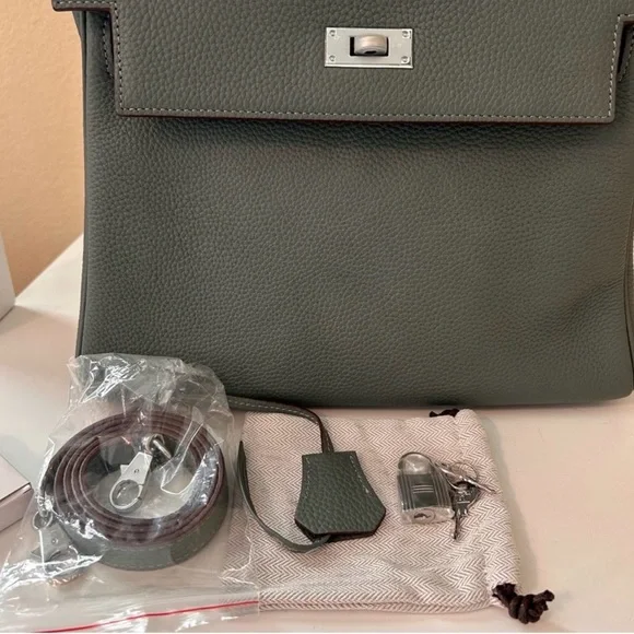 28cm Gray Green Top Handle Leather KL Satchel